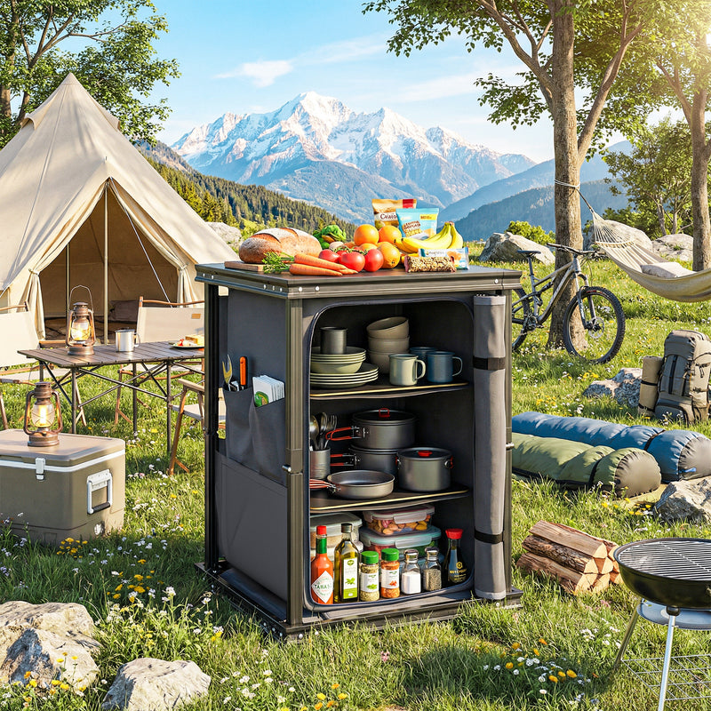 Camping Kitchen Unit with Shelves and Pockets for Organised Cooking Black