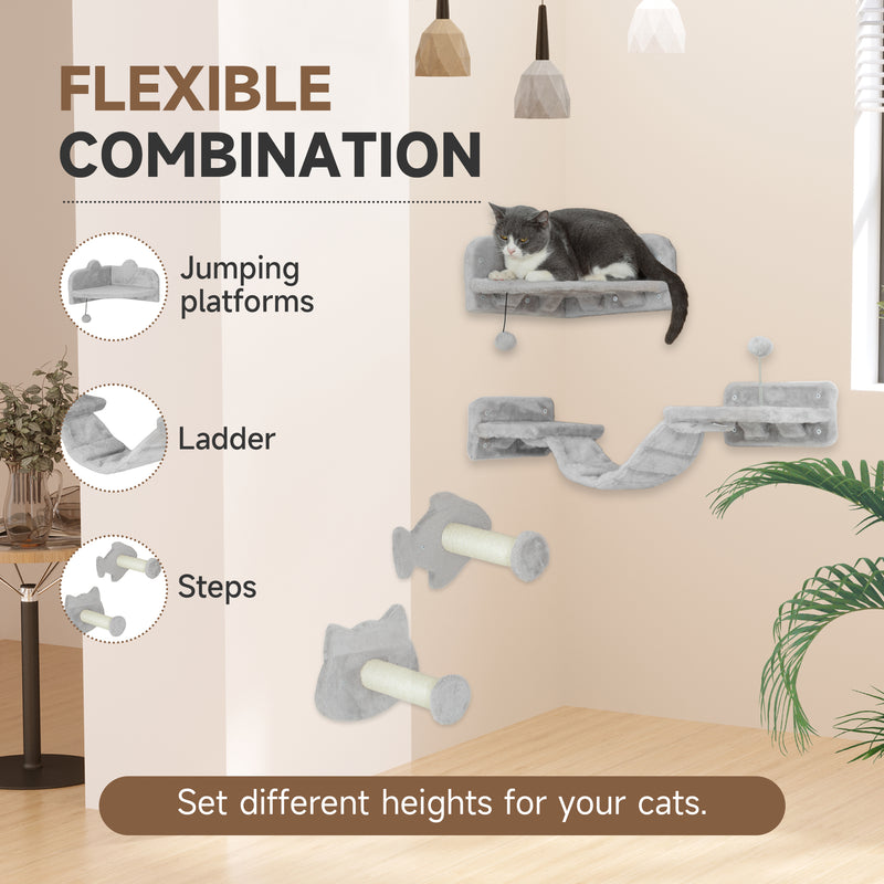 Light Grey 4 Piece Cat Wall Shelves With Steps Ladder and Platforms for Climbing by PawHut