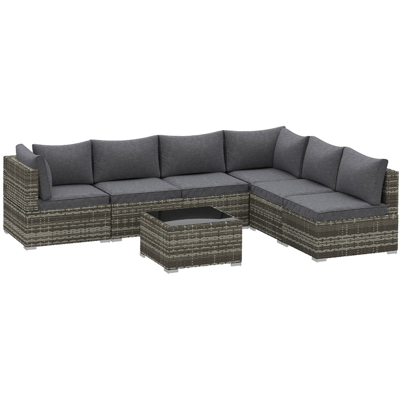 7 Seater Rattan Corner Sofa Set With Glass Table And Cushions For Garden, Dark Grey