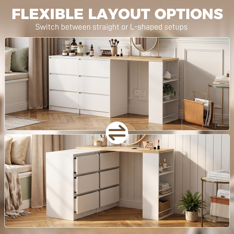 Dressing Table with 6 Drawers and 3 Shelves for Organised Bedrooms White Natural Wood Finish