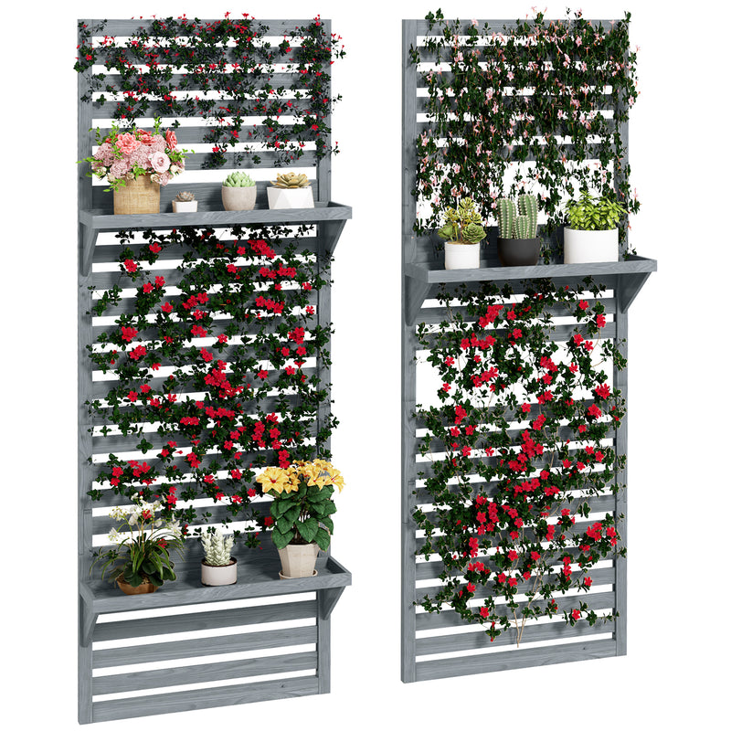 Wall Mounted Fir Wood Plant Stands Set of 2 With Trellis and Shelves for Outdoors