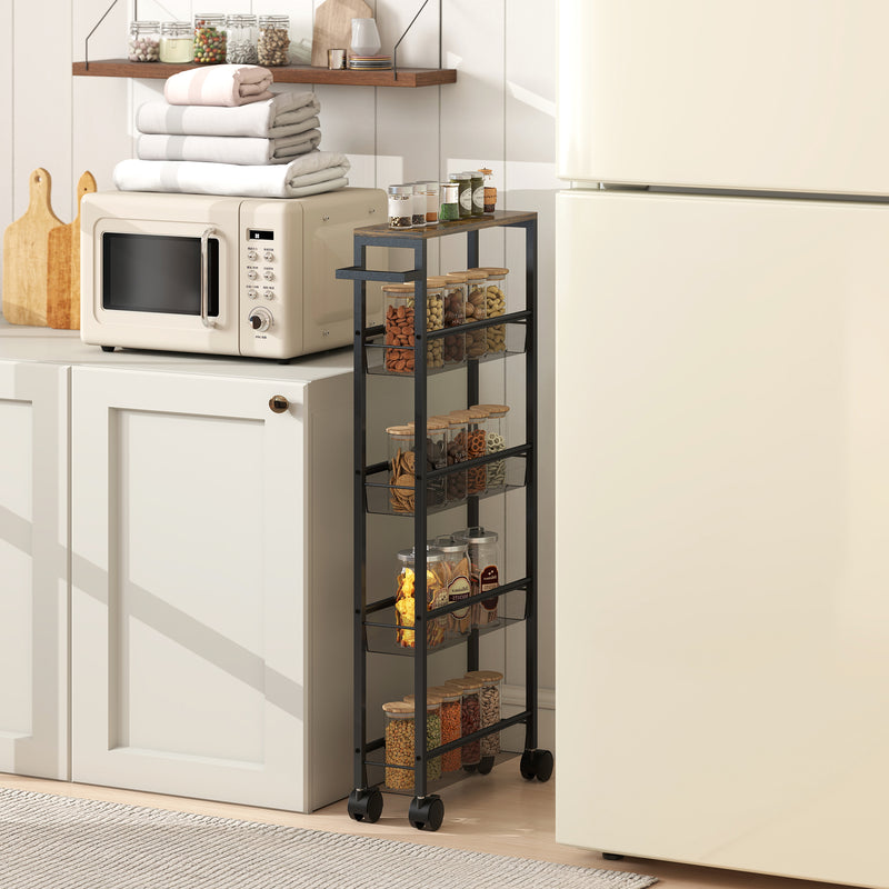 5 Tier Slim Storage Trolley With Wheels And Wood Effect Top For Kitchen Or Bathroom Black AOSOM