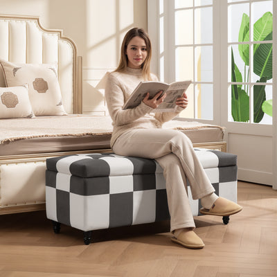 Velvet Storage Ottoman Bench in Dark Grey and White With Lid Ideal for Bedroom or Lounge
