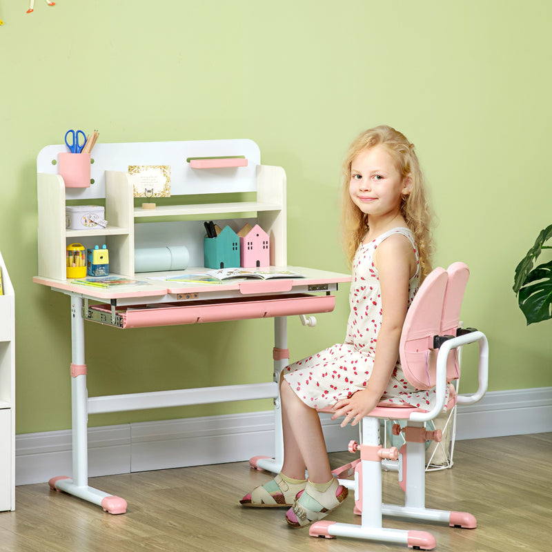 Kids Study Desk and Chair Set with Storage Shelves and Washable Seat Cover, Pink