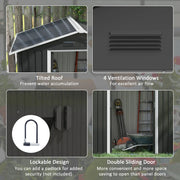 Image of a small grey metal outdoor garden storage shed with apex roof