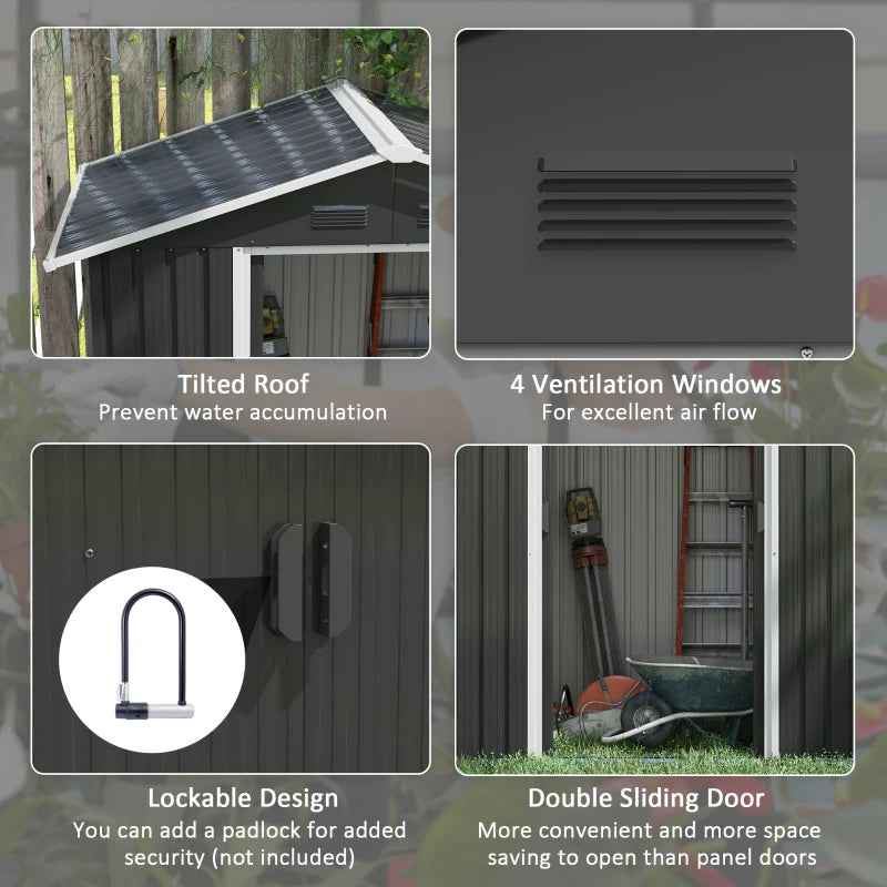 Image of a small grey metal outdoor garden storage shed with apex roof