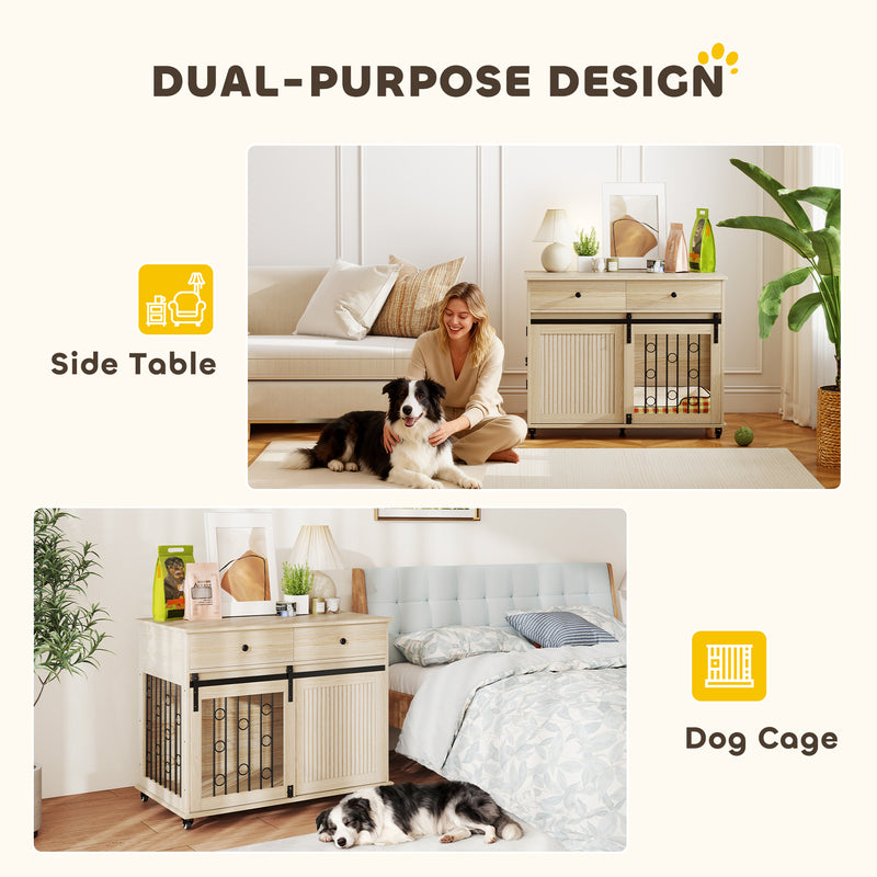 Dog Crate Furniture With Sliding Door and Storage Drawers on Wheels for Medium Large Dogs Oak