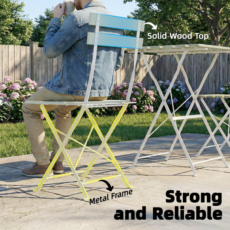 Foldable Garden Bistro Set for 2 with Acacia Wood Table and Chairs for Small Spaces Green White AOSOM