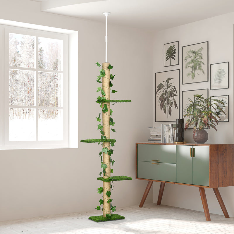 Adjustable Floor To Ceiling Cat Tree With Perches Anti Slip Base And Faux Plants Green