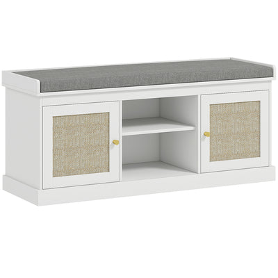 Boho Shoe Storage Bench With Padded Seat and Rattan Cabinet Doors Ideal for Hallway White 105x35x47cm Homcom