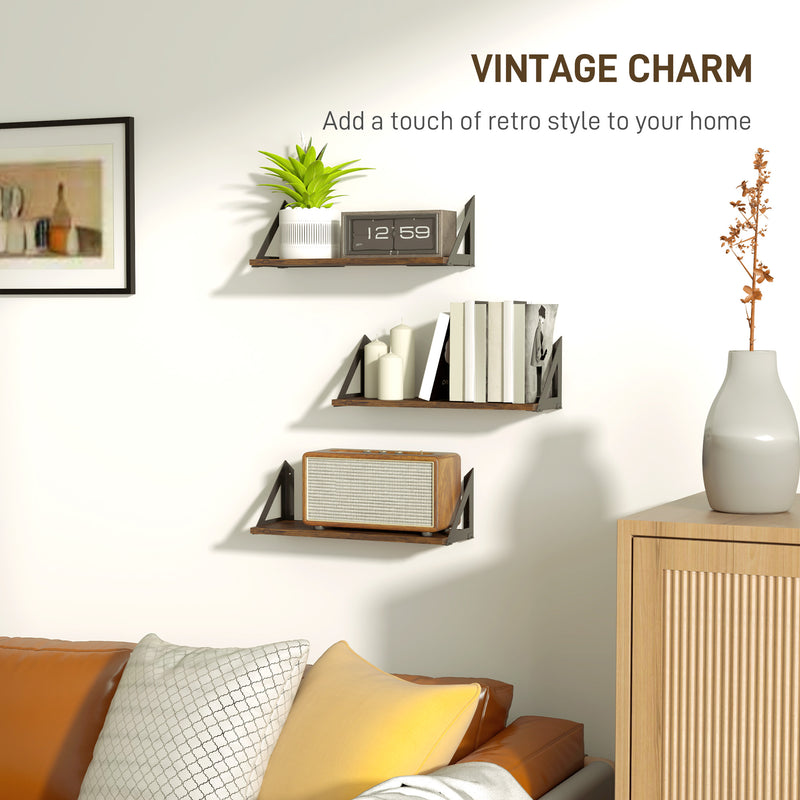 Set of 3 Rustic Brown Floating Wall Shelves for Living Room Bedroom Entryway by HOMCOM