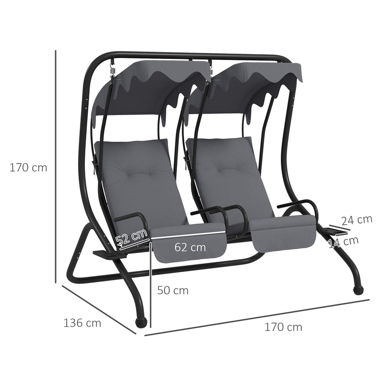 2 Seater Garden Swing Chair With Adjustable Canopy For Outdoor Relaxing, Grey Outsunny
