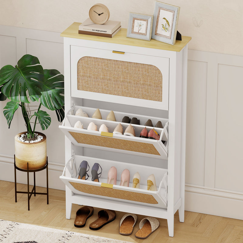 Slim Shoe Storage Cabinet for Narrow Hallways with Adjustable Shelves, White & Oak, 80 x 24 x 131 cm Homcom