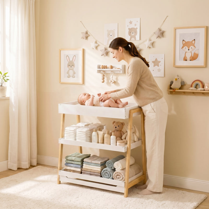 Baby changing table angled view showing shelves and corner protectors