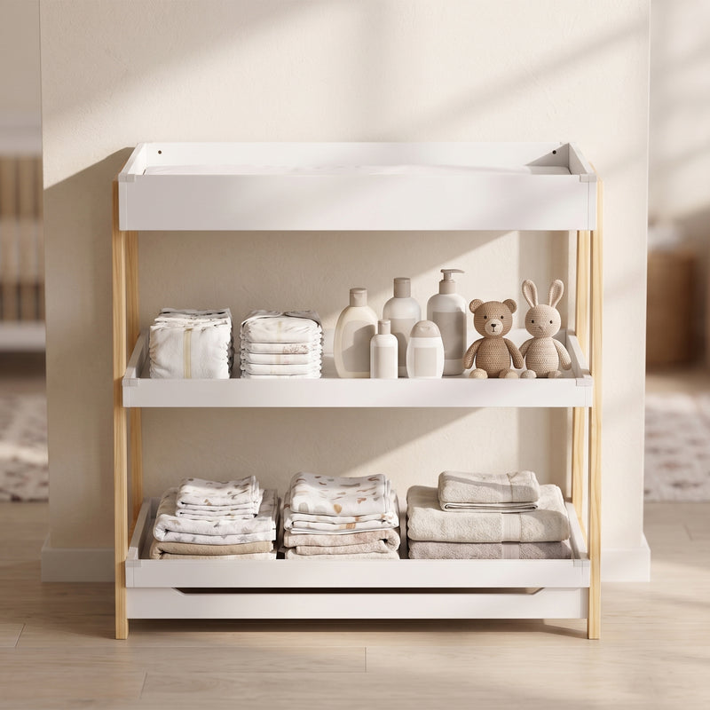 Baby changing table front view showing all 3 tiers
