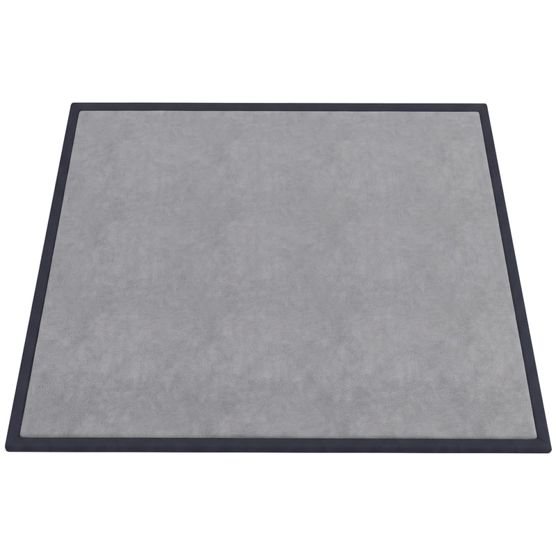 Dark grey baby play mat with black bound edges on a white background