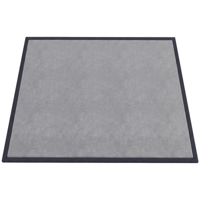 Dark grey baby play mat with black bound edges on a white background