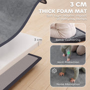 Close-up of the 3 cm thick foam core with cushioning and noise absorption call-outs