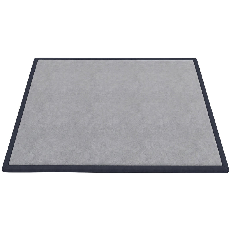 Dark grey baby play mat with black bound edges on a white background