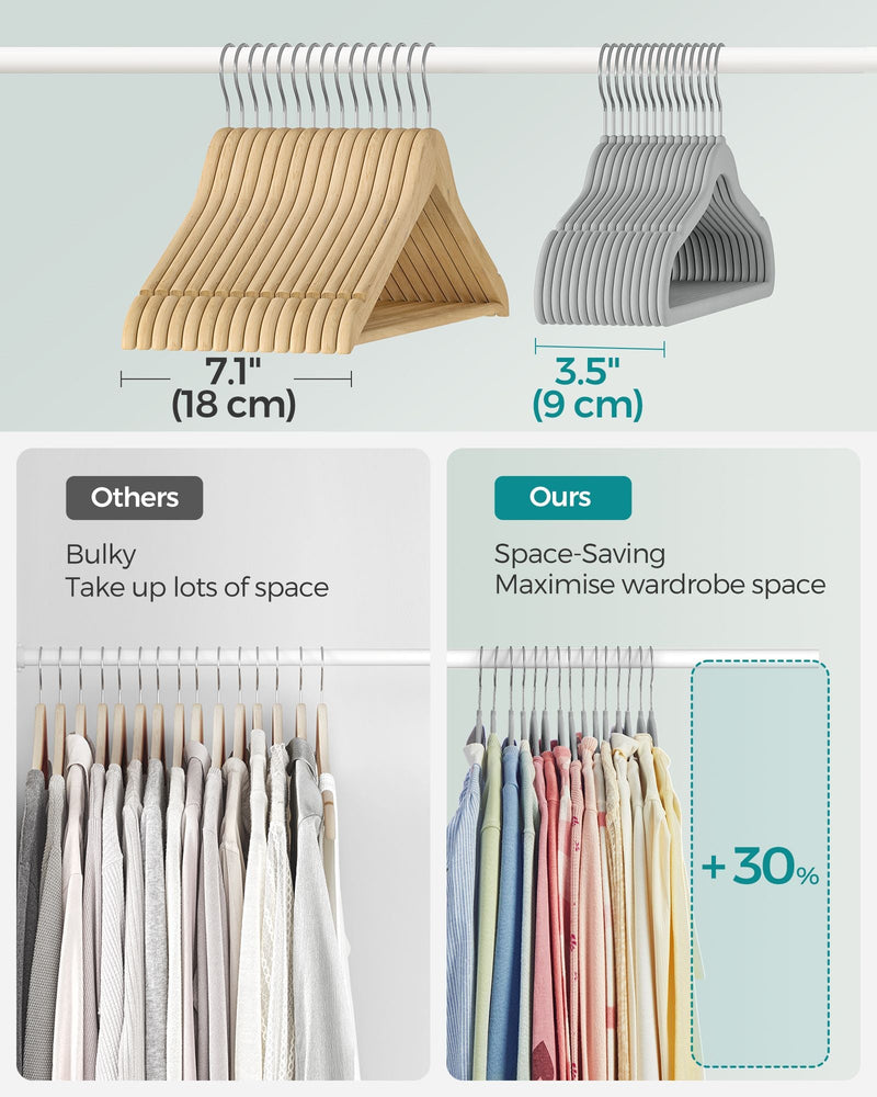 Thickness comparison: 7.1in/18cm for a stack of wooden hangers versus 3.5in/9cm for the same number of these velvet hangers, with a wardrobe space-saving graphic