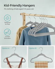 'Kid-Friendly Hangers' graphic noting fit for ages 0-6 and curved shoulders, with two garments shown draped to illustrate fit
