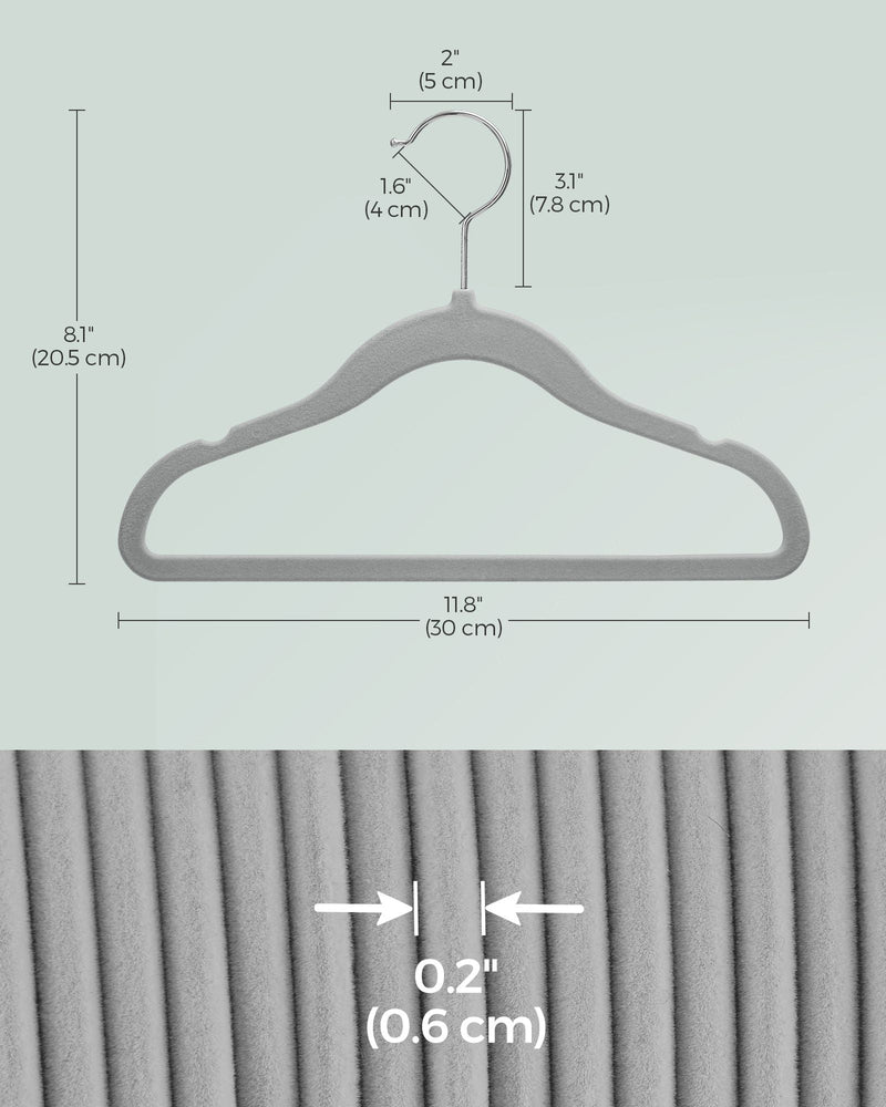 Labelled dimensions diagram of a single hanger: 11.8in/30cm wide, 8.1in/20.5cm tall, hook 3.1in/7.8cm, and 0.2in/0.6cm hanger thickness