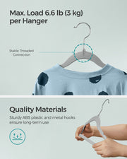 'Max Load 6.6lb (3kg) per Hanger' graphic with a stable threaded hook connection callout, and two hands flexing the hanger to show ABS plastic and metal hook construction
