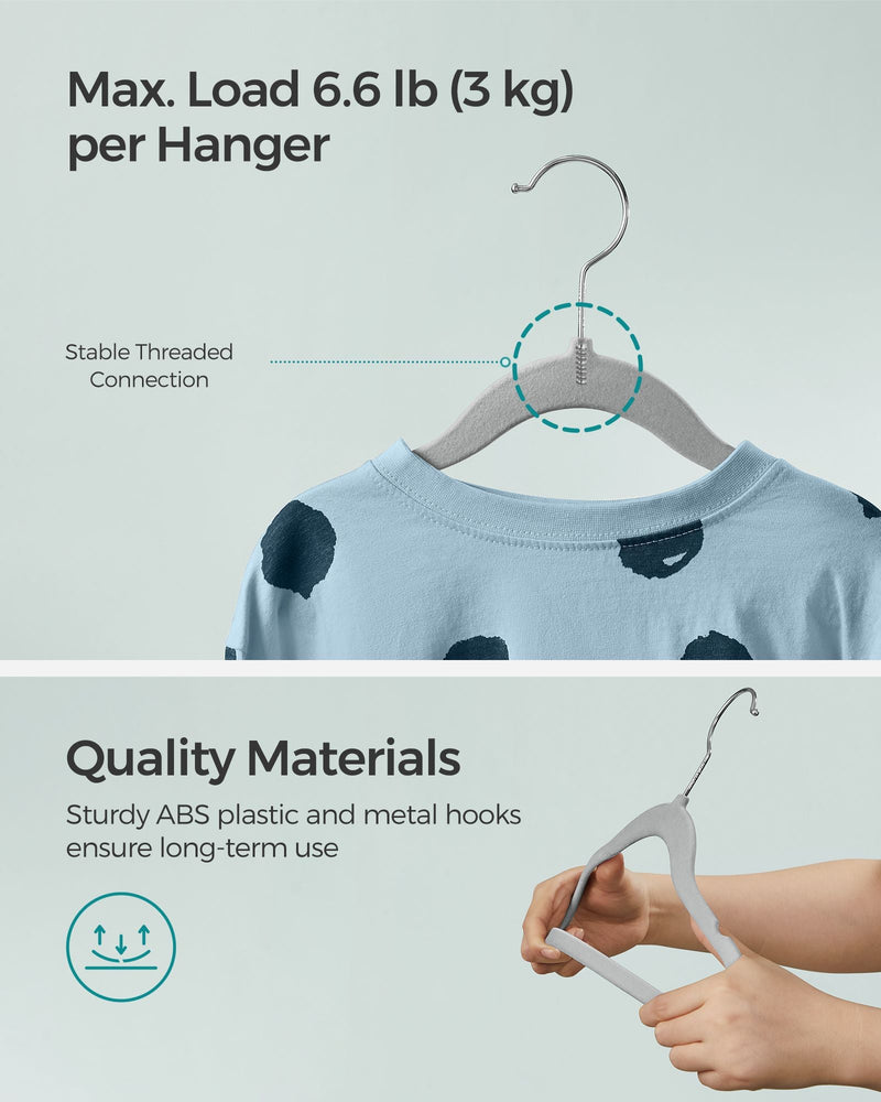 'Max Load 6.6lb (3kg) per Hanger' graphic with a stable threaded hook connection callout, and two hands flexing the hanger to show ABS plastic and metal hook construction
