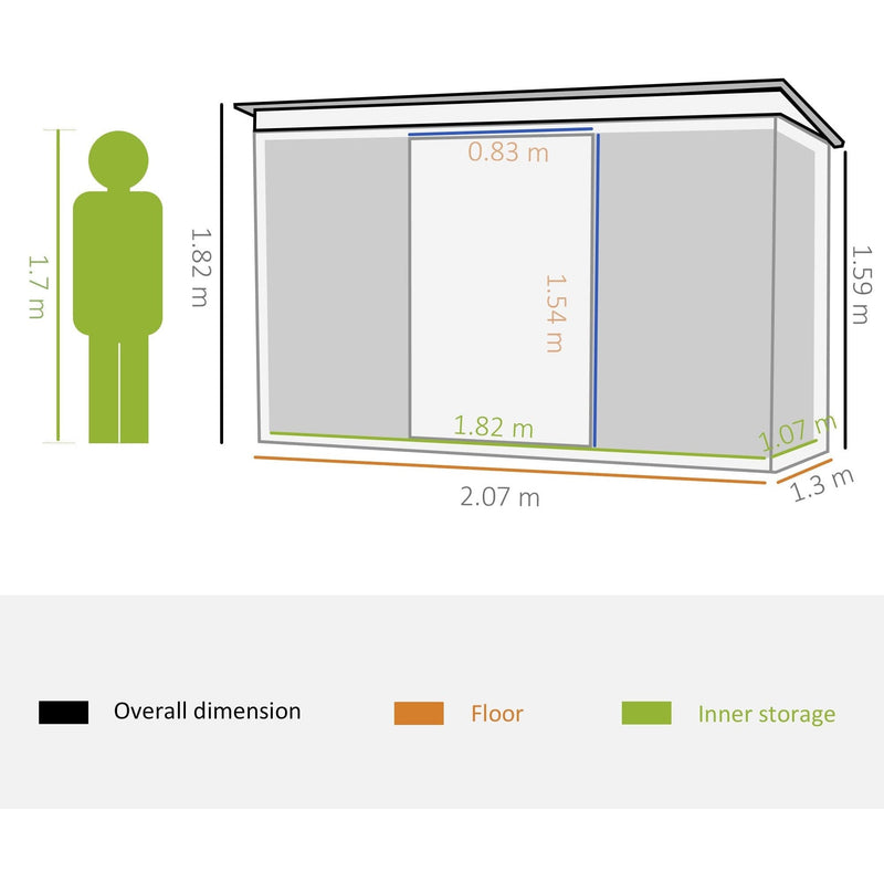 Dimension diagram for the light green 7x4ft shed: 2.07 m by 1.3 m overall, 1.82 m and 1.59 m heights, 1.82 m by 1.07 m inside