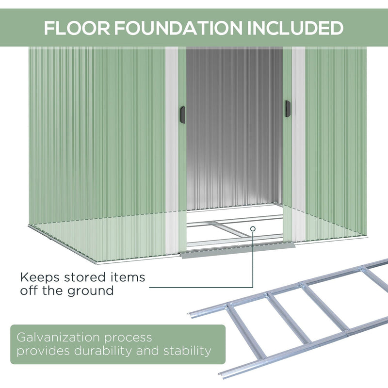 Cutaway of the light green metal shed with the galvanised steel foundation frame fitted at the base