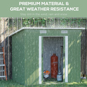 Light green 7x4ft metal garden shed in heavy rain, doors open with a gas bottle and garden tools inside