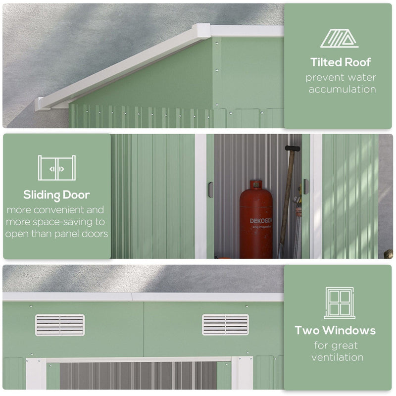 Feature panel for the light green shed: tilted pent roof, space-saving sliding doors and two louvred vents