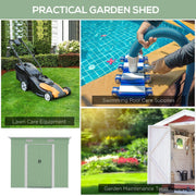 Practical garden shed uses: storing a lawn mower, pool cleaning kit and garden tools, with the light green shed shown closed