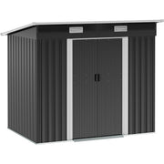 Studio photo of the black 7x4ft Outsunny metal garden shed with pent roof, two vents and closed sliding doors