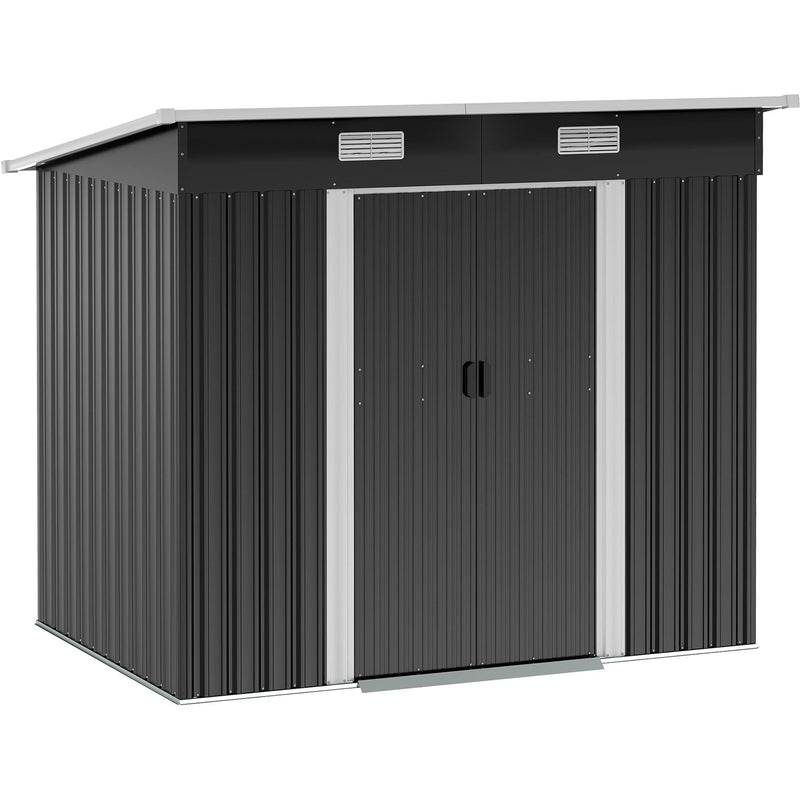 Studio photo of the black 7x4ft Outsunny metal garden shed with pent roof, two vents and closed sliding doors