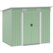 Studio photo of the light green 7x4ft Outsunny metal garden shed with pent roof, two vents and closed sliding doors