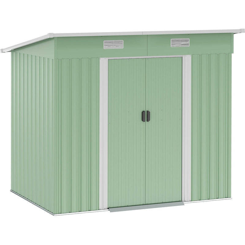 Studio photo of the light green 7x4ft Outsunny metal garden shed with pent roof, two vents and closed sliding doors