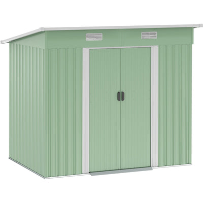 Studio photo of the light green 7x4ft Outsunny metal garden shed with pent roof, two vents and closed sliding doors
