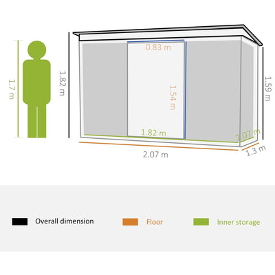 Dimension diagram: 7x4ft metal shed measuring 207 x 130 cm overall, 182 cm down to 159 cm high, with 182 x 107 cm inner storage