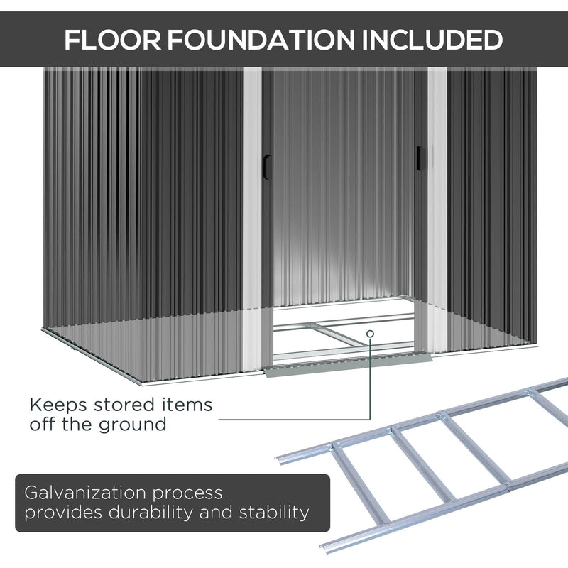 Cutaway of the black metal shed showing the included galvanised steel floor foundation frame and its separate frame rails
