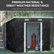 Black 7x4ft metal garden shed standing in heavy rain beside a fence with its sliding doors open