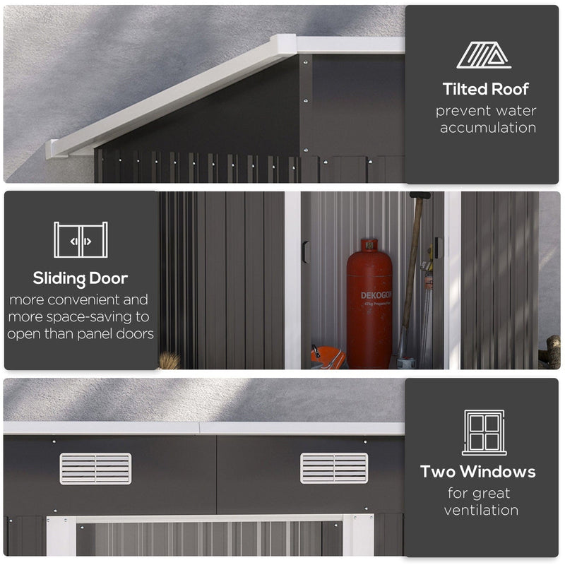 Feature panel for the black shed showing the sloped pent roof, twin sliding doors and two louvred ventilation vents