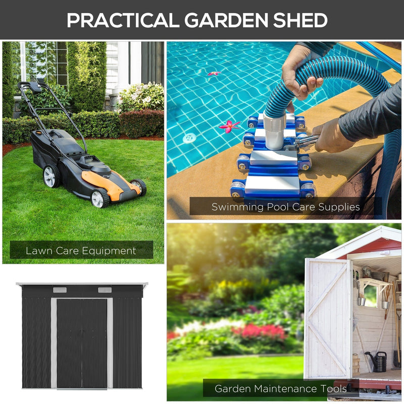 Storage uses for the 7x4ft shed: lawn care equipment, swimming pool care supplies and garden maintenance tools