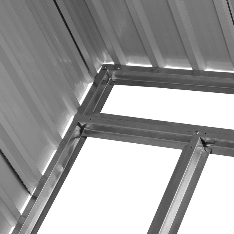 Galvanised steel base frame corner bracket inside the shed, seen against the corrugated roof panels