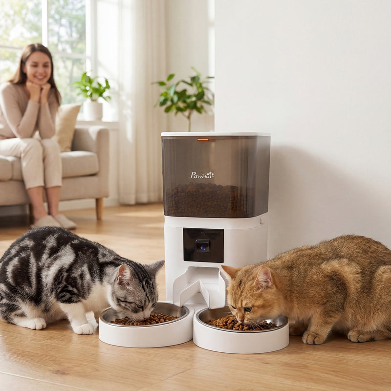 Automatic Cat Feeder for Two Cats with App Control and Camera for Scheduled Feeding White AOSOM