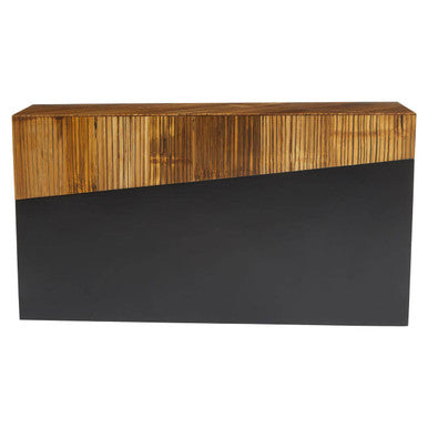 Natural bamboo and ebony black console table on a plain studio background