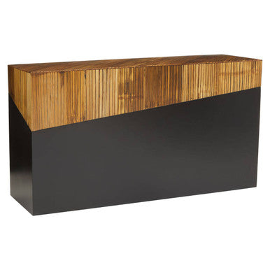 Angled studio view showing the two-tone bamboo top and dark base of the console table