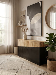 Bamboo console table used behind a sofa in an open-plan living room