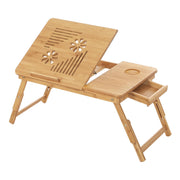 Songmics bamboo laptop table with the main panel tilted up and the side drawer pulled open