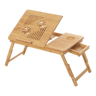Songmics bamboo laptop table with the main panel tilted up and the side drawer pulled open